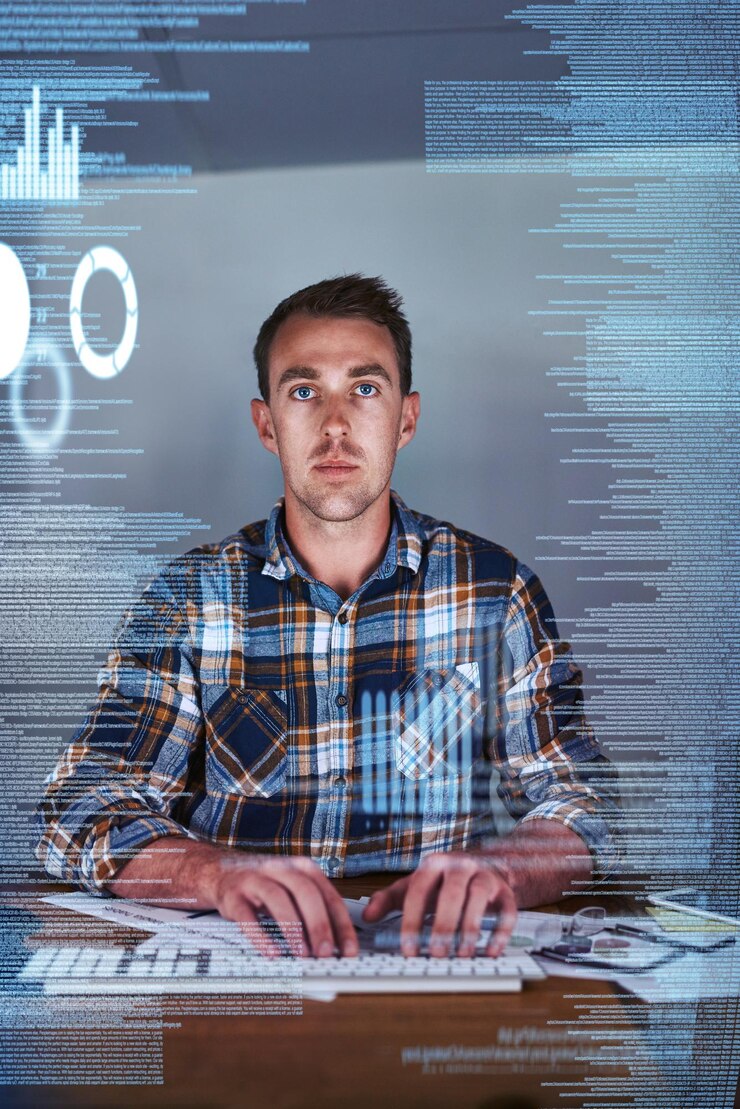 Foto no se le escapa ningún problema técnico fotografía de un joven programador que trabaja en su computadora con una superposición de gráficos de computadora