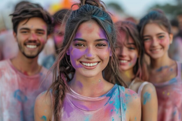 No festival de Holi, homens e mulheres alegres sorriem cobertos de pinturas coloridas.