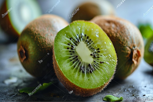 No fundo estão frutas de kiwi recém-lavadas