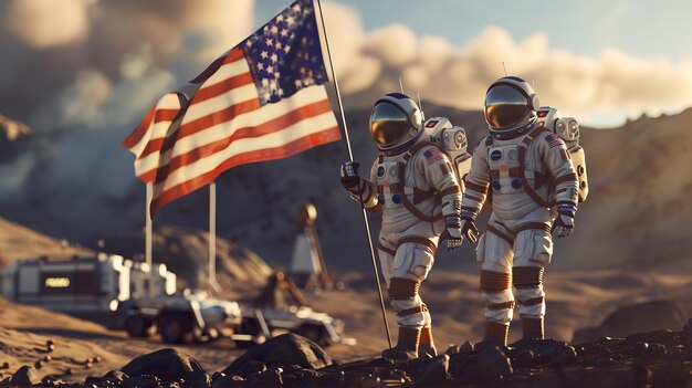 No fundo, uma base de pesquisa e um rover são visíveis no planeta alienígena. Dois astronautas orgulhosos plantam a bandeira americana no planeta.