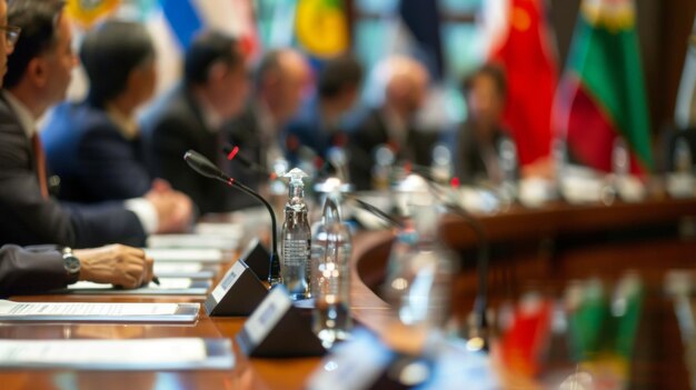 Foto no fundo, uma grande mesa de conferência está cheia de delegados de diferentes países, enquanto