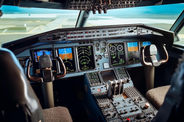 No hay personas en la cabina del avión para volar el avión con navegación utilizando el tablero de instrumentos y el comando del panel de control