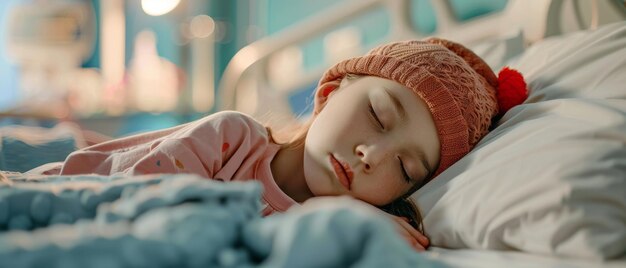 Foto no hospital das crianças, uma linda menina doente dorme numa cama na moderna ala pediátrica com cuidados de saúde de alta qualidade.