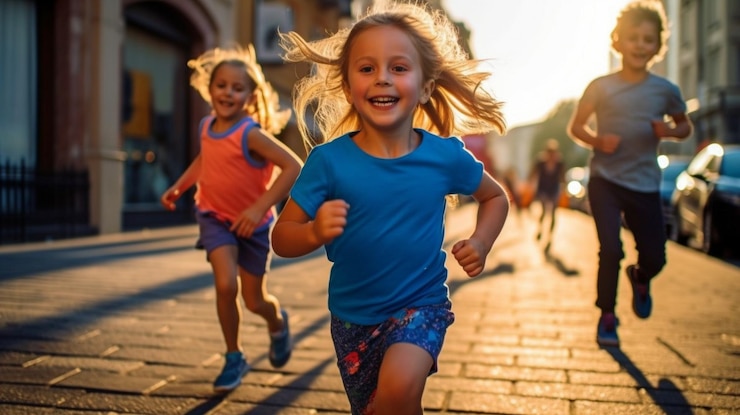 Foto no início da manhã, crianças aceleram em uma corrida infantil em uma rua da cidade com foco em suas pernas the generative ai