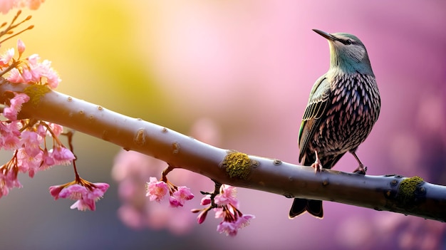 No início da primavera, um estorninho canta num galho de árvore gerado pela IA.