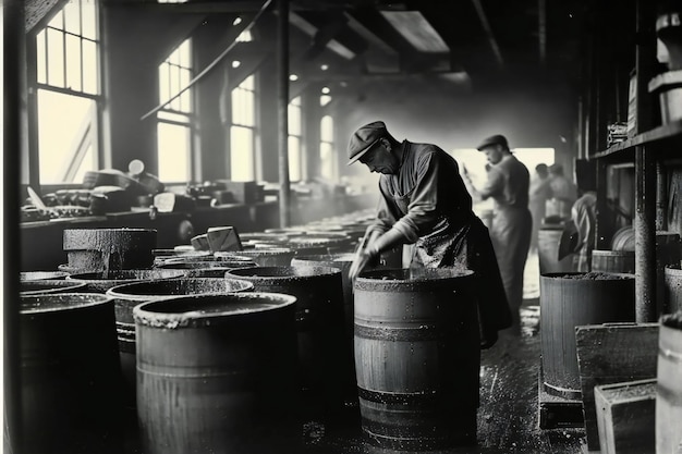 Foto no início de 1900, processamento de metal na fábrica