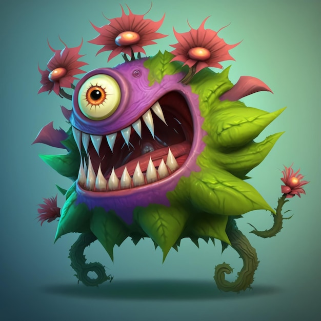No jogo, design de monstro único, estilo de desenho animado em forma de flor por Generative AI
