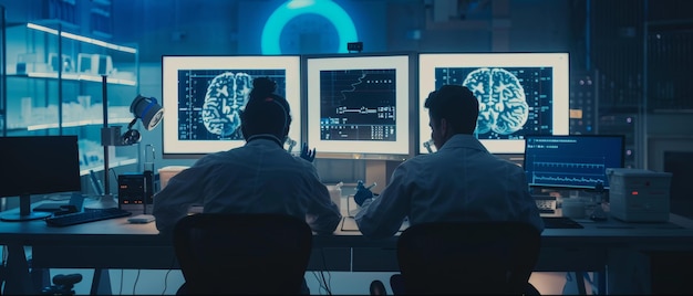 No Laboratório de Pesquisa do Cérebro, dois cientistas estão a trabalhar num projecto intitulado "Usar scanners de ressonância magnética para mostrar anomalias cerebrais".