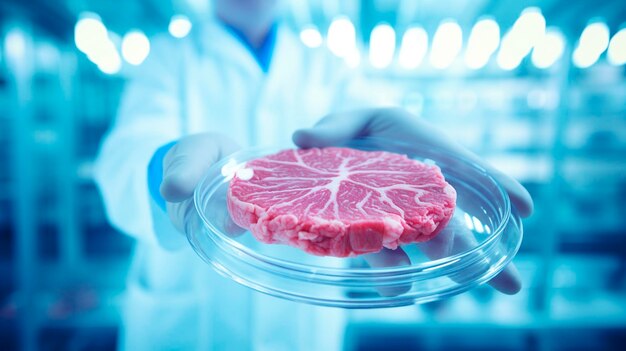 No laboratório, testes de carne em placas de Petri Alimentos de foco seletivo