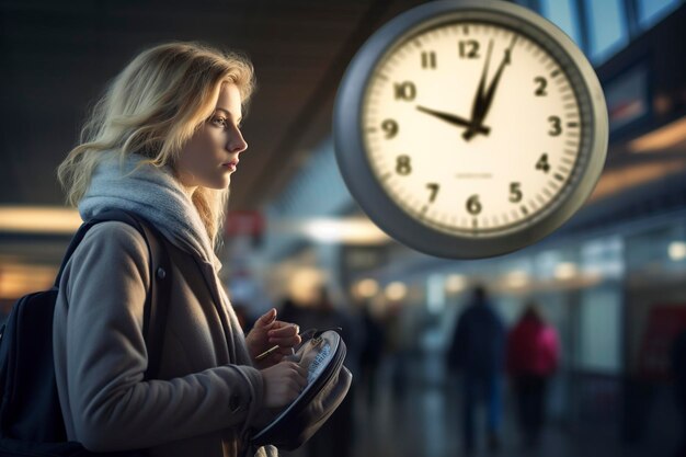 Foto para no llegar tarde una mujer comprobando la hora de su vuelo