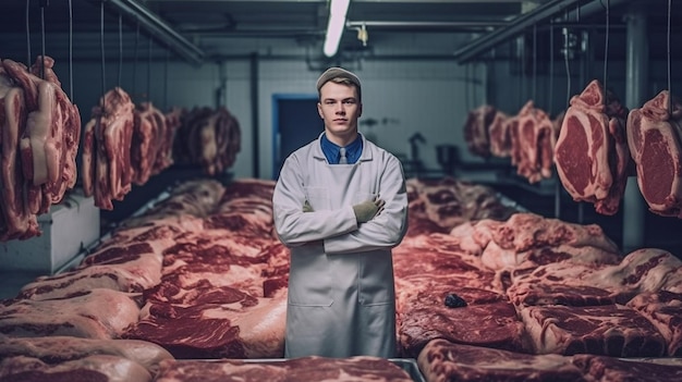 No matadouro, um trabalhador de fábrica de carne autoconfiante está de pé ao lado dos grandes pedaços de carne Generative AI