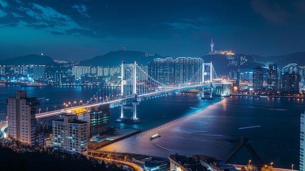 Foto no meio da agitação da vida urbana, o brilho tranquilo da ponte gwangan à noite oferece uma fuga serena, convidando os espectadores a se maravilhar com sua beleza e grandeza contra a paisagem urbana de busan.