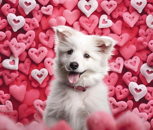 no meio de corações cor de rosa com um cachorrinho espirituoso