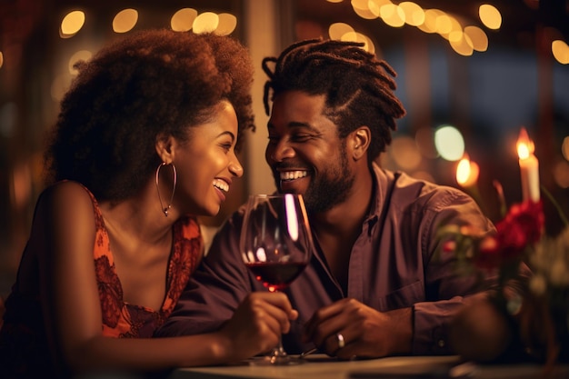 Foto no meio de um caloroso ambiente de restaurante, um casal feliz e apaixonado partilha sorrisos e risos. a sua ligação é evidente na atmosfera alegre do momento compartilhado e da felicidade romântica.