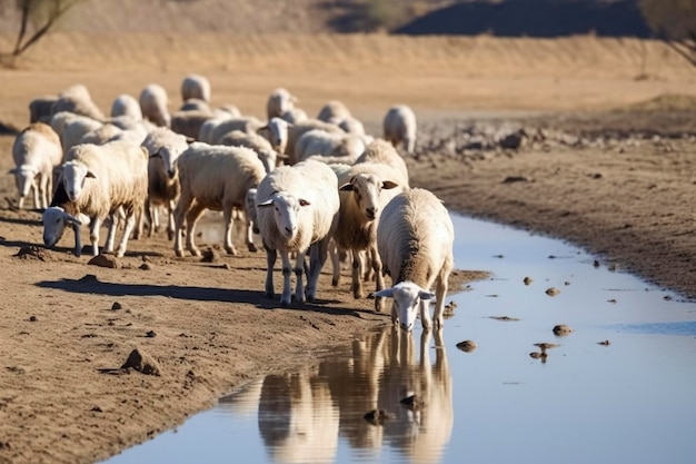 No meio de um campo árido, um rebanho de ovelhas vagueia em busca de comida e água, sua resiliência brilhando através da paisagem árida AI Generated