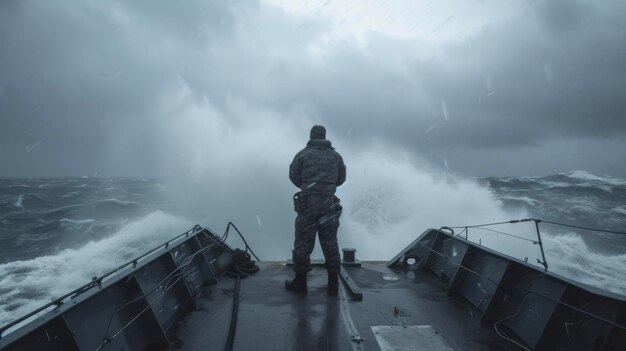 No meio de um mar tempestuoso um oficial sênior está forte na proa simbolizando a orientação inabalável