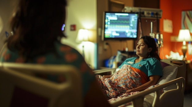 No meio de uma sala de parto caótica, uma parteira senta-se em silêncio ao lado da cama de uma mãe em trabalho de parto