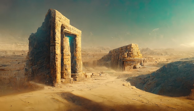 No meio do deserto africano perto das paredes arruinadas é um portal para outra dimensão ilustração 3D
