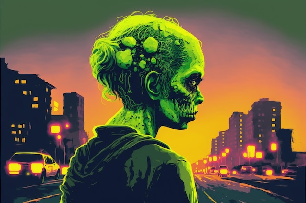 No-muerto mirando hacia atrás con un telón de fondo urbano en llamas Concepto de fantasía Pintura de ilustración IA generativa