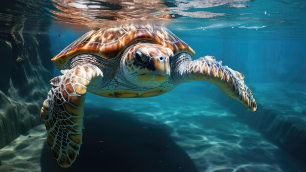 No oceano, uma tartaruga verde está nadando.