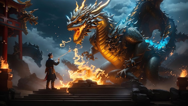 Foto no olhar ardente do dragão, um encontro de fantasia chinesa