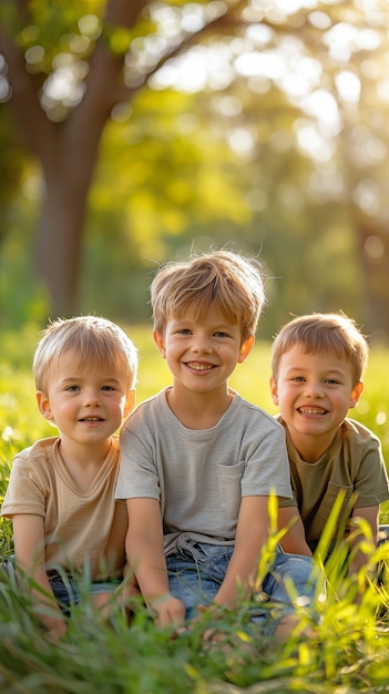 No parque de verão, meninos alegres sentados na relva com amigos ou irmãos.