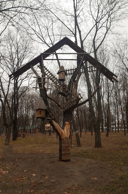 Foto no parque há uma grande instalação de madeira sob o telhado com colmeias e significado abstrato