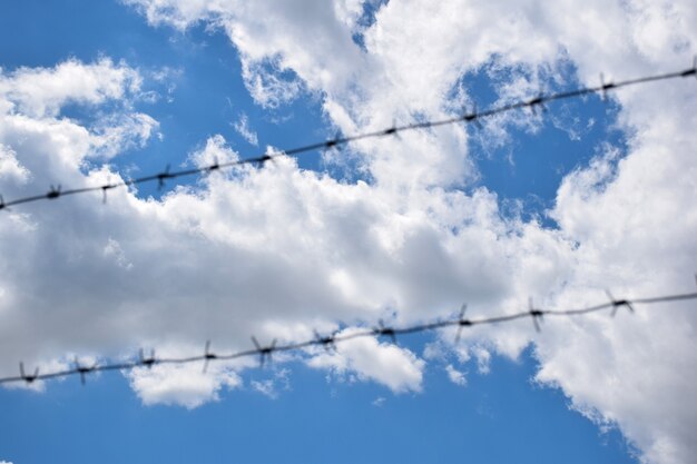 No primeiro plano, há duas fileiras de arame farpado contra um céu azul brilhante com nuvens brancas. o fio está muito fora de foco