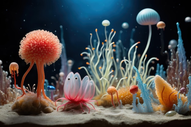 No reino microscópico, um micróbio vibrante dança formando intrincadas formas surreais, uma sinfonia de cores que encarna a beleza invisível do mundo microbiano, uma pequena maravilha que prospera em cantos invisíveis da vida.