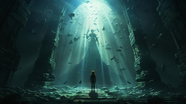 No reino subaquático, um homem está de pé em meio à luz e aos peixes, de frente para um pilar de pedra.