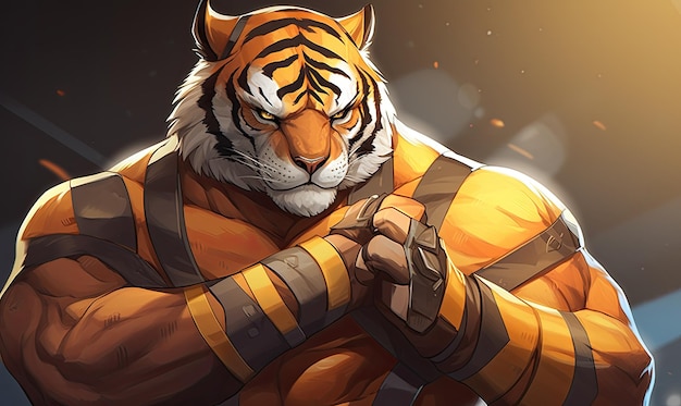 No retrato do anime, o físico musculoso e o espírito guerreiro do lutador Tiger estão em plena exibição.