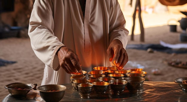 No Sinai, uma recepção beduína se desenrola com chá de amêndoas e canecas servidas por um tradicional chá egípcio
