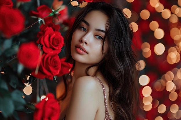 No sonriendo hermosa chica con un ramo de rosas rojas en sus manos en el día de San Valentín