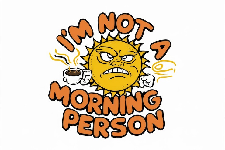 Foto no soy una persona de la mañana gruñona amarillo sol de dibujos animados con taza de café