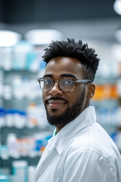 No temas, tu farmacéutico está aquí. Una foto cortada de un joven atractivo de piel oscura.