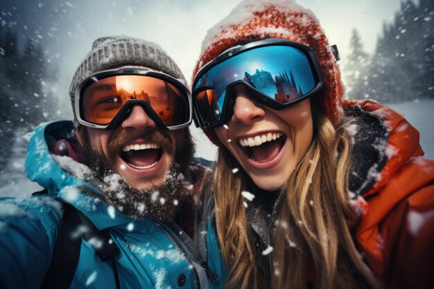 No tempo de neve, na temporada de esqui de inverno, os snowboarders são felizes com as selfies de inverno.
