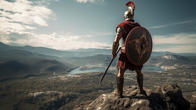 Foto no topo da montanha, o escudo lambda espartano observa o mundo das alturas.