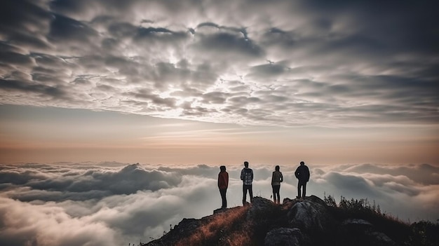 No topo do mundo unido Um grupo de pessoas está em uma colina com vista para uma linda paisagem de nuvens Generative AI