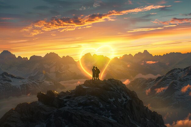 No topo dos majestosos picos, a silhueta de um casal é generativa.