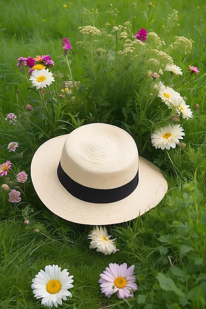 No verão, um chapéu e um buquê de flores estão deitados na grama verde do prado.