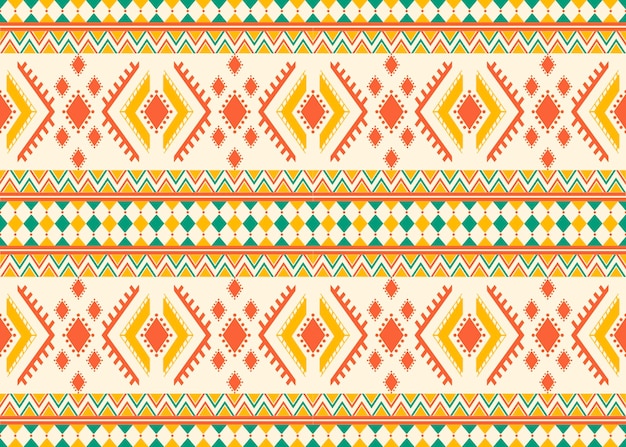No114 Patrón étnico geométrico con elementos naranja y amarillo sobre fondo beige