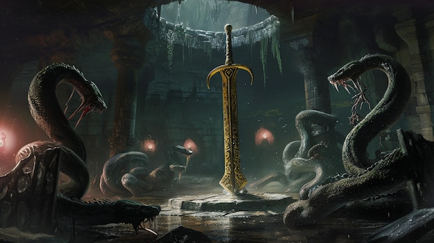 una noble espada su hoja adornada con serpiente y su enrollamiento una vez un símbolo de nobleza generativo Ai