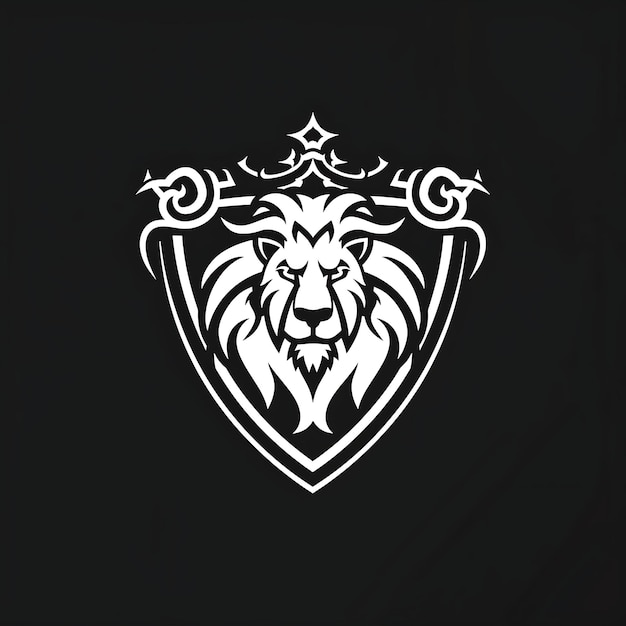 Foto noble knight crest logotipo com decorações de leão e escudo com t-shirt tatuagem tinta contorno cnc simples