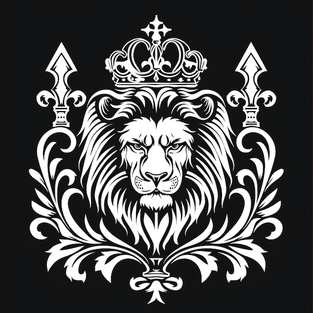 Noble Lion Clan Crest com Lion Rampant e Fleur De Lis Dec Creative Logo Design Tattoo Outline