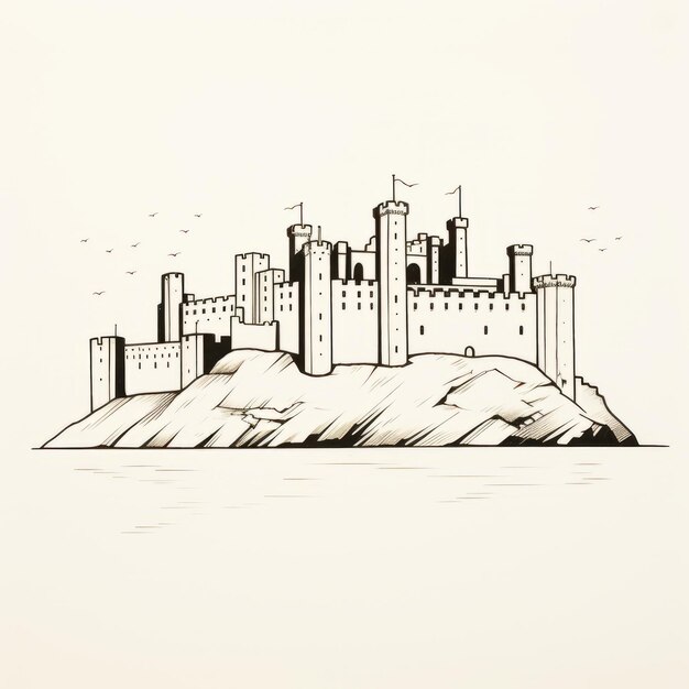 La nobleza exagerada Un boceto detallado del castillo en una isla
