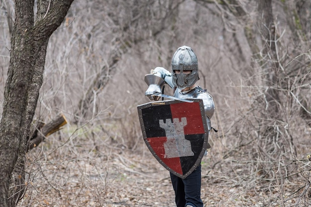 Nobre guerreiro Retrato de um guerreiro medieval ou cavaleiro em armadura e capacete com escudo e espada posando