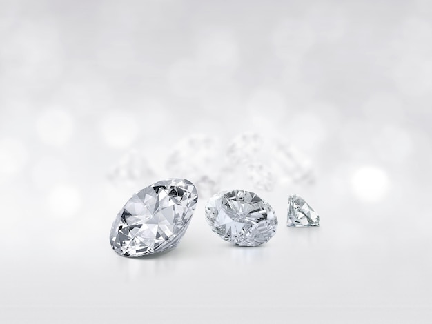 Noch mit teuren geschliffenen Diamanten vor einem weißen Hintergrund Reflexionen auf dem Boden Viel Copyspace