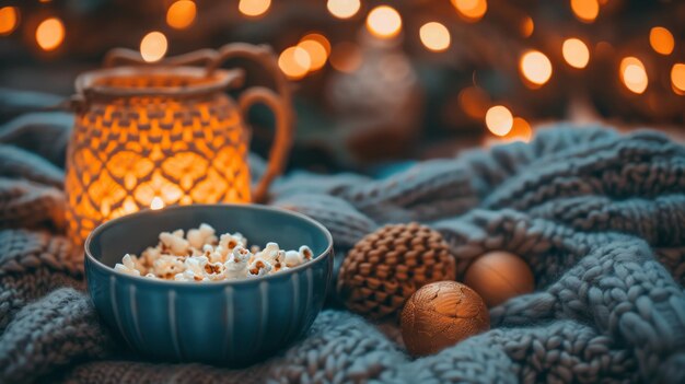 Foto una noche acogedora en casa con un suéter de punto de palomitas de maíz y luz ambiental cálida para la relajación y la comodidad