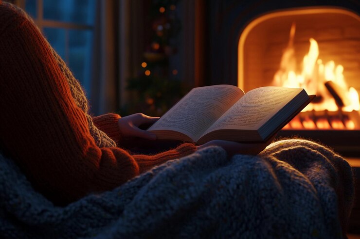 Noche acogedora junto a la chimenea con un libro en la mano durante el frío del invierno IA generativa