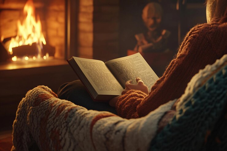 Una noche acogedora junto a la chimenea con un libro y una manta cálida IA generativa
